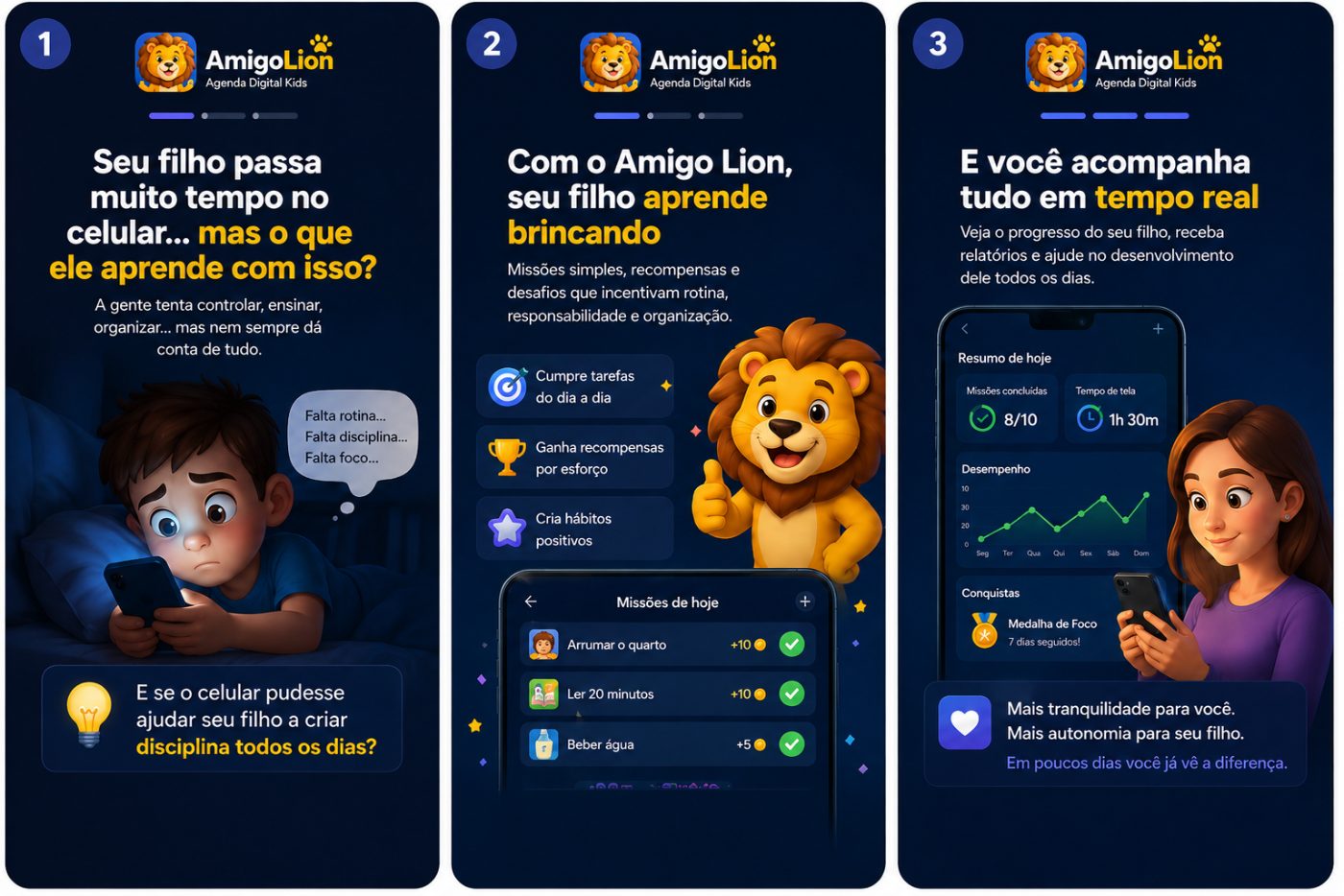 Telas do app Agenda Kids